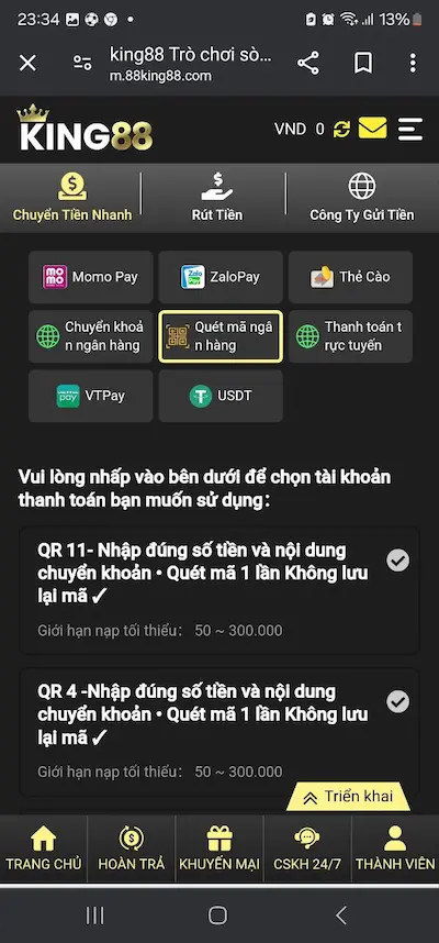 Cách 3 - Nạp tiền King88 qua quét mã ngân hàng