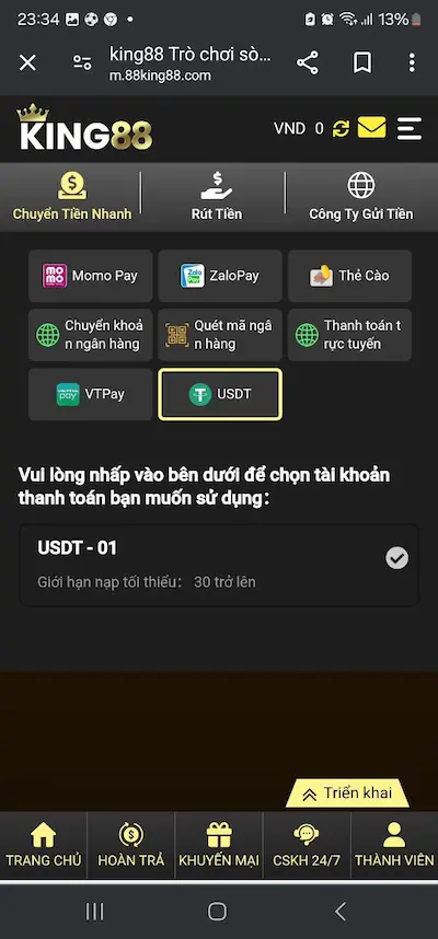 Cách 8 - Nạp tiền King88 qua USDT