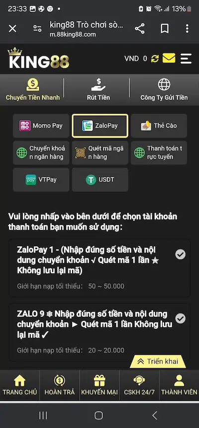 Cách 6 - Nạp tiền qua ví điện tử Zalo